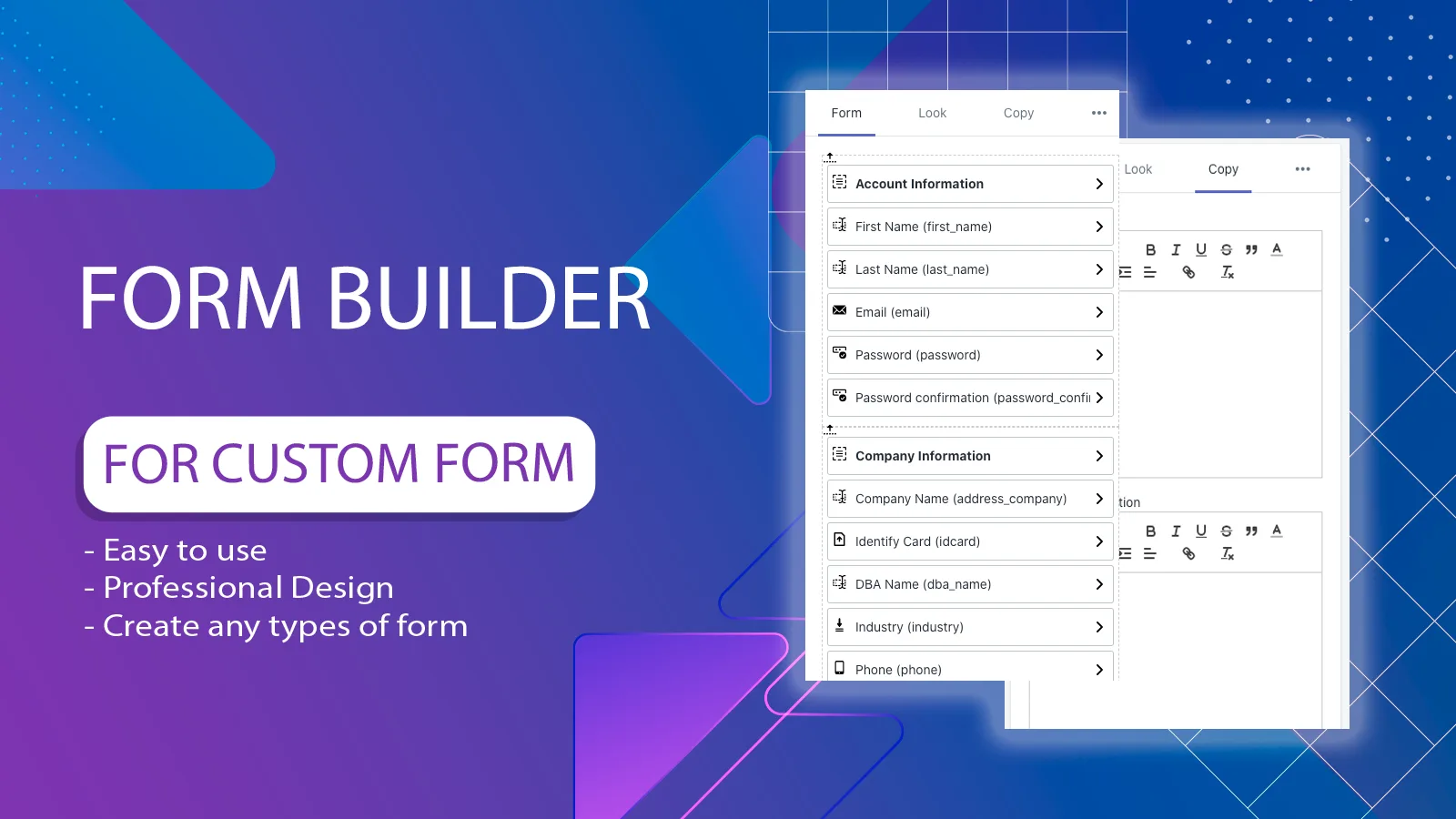 Form Builder Pro editor with a drag-and-drop list of account and company fields