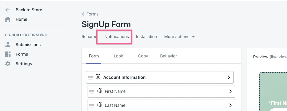 Form editor header with the Notifications tab highlighted
