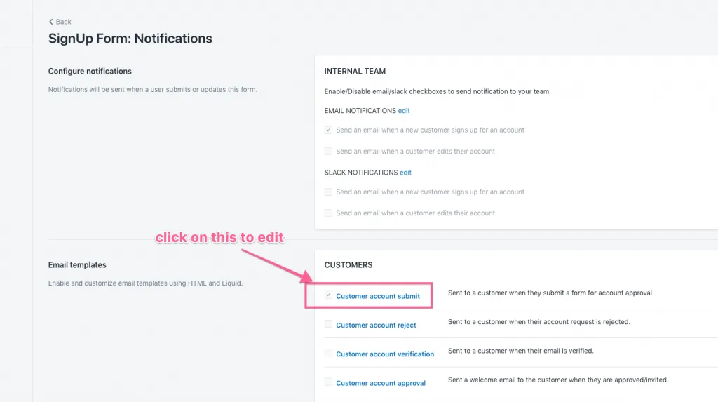 Notifications page with the Customer account submit email highlighted under Customers