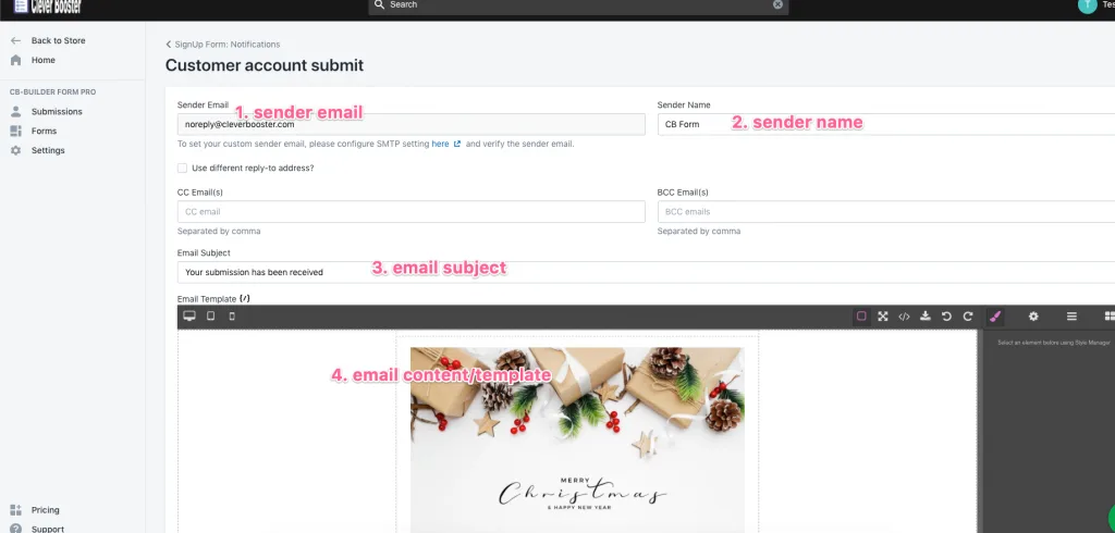 Email settings with sender email, sender name, email subject and the template editor numbered