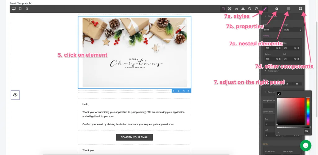 Email template editor with an element selected and the styles, properties and components panels labelled