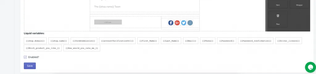 List of Liquid variables below the email editor