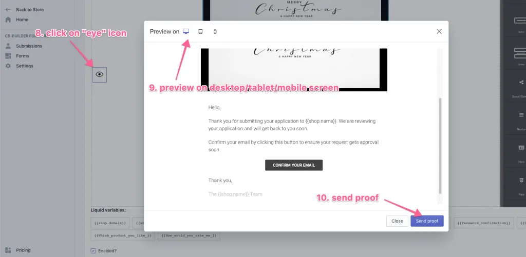 Email preview dialog with device switcher and the Send proof button