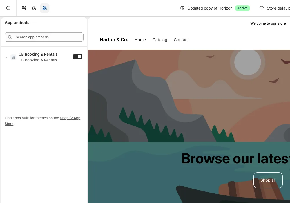 Theme editor App embeds panel with CB Booking &amp; Rentals enabled