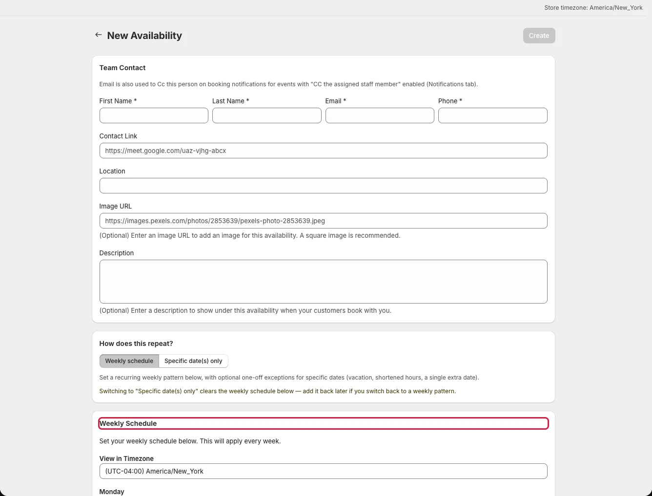 Availability editor showing Weekly Schedule and View in Timezone