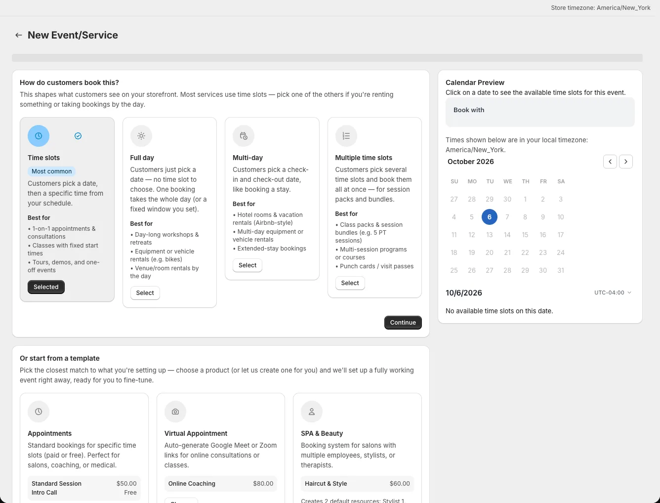 New Event/Service screen showing booking styles and the template gallery