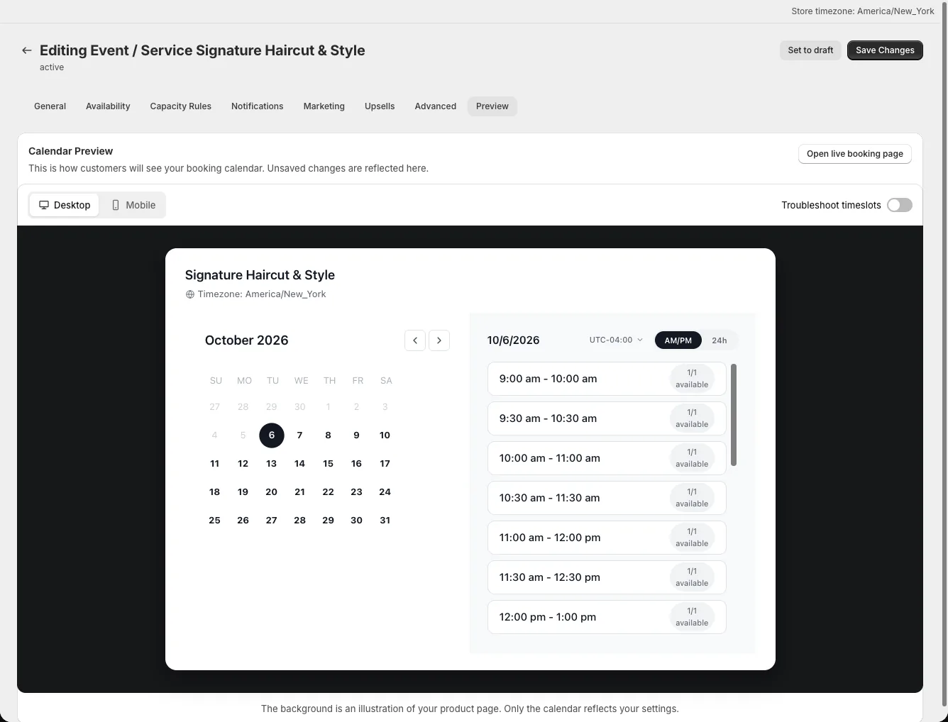 Preview tab of a configured draft event with the booking calendar