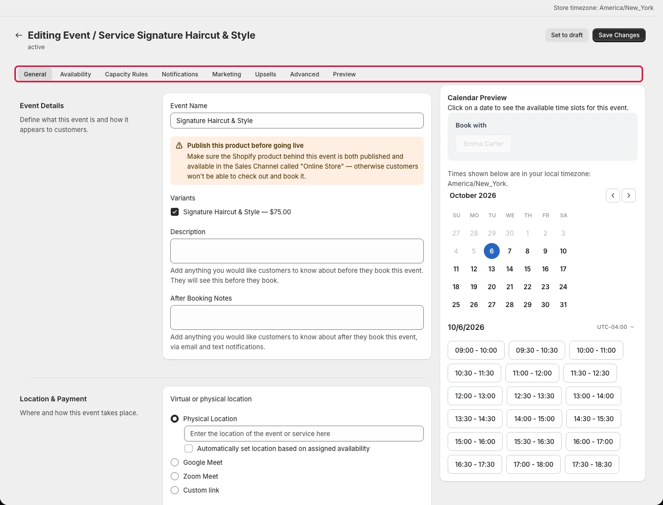Event editor showing General, Availability, Capacity Rules, Notifications, Marketing, Upsells, Advanced, and Preview