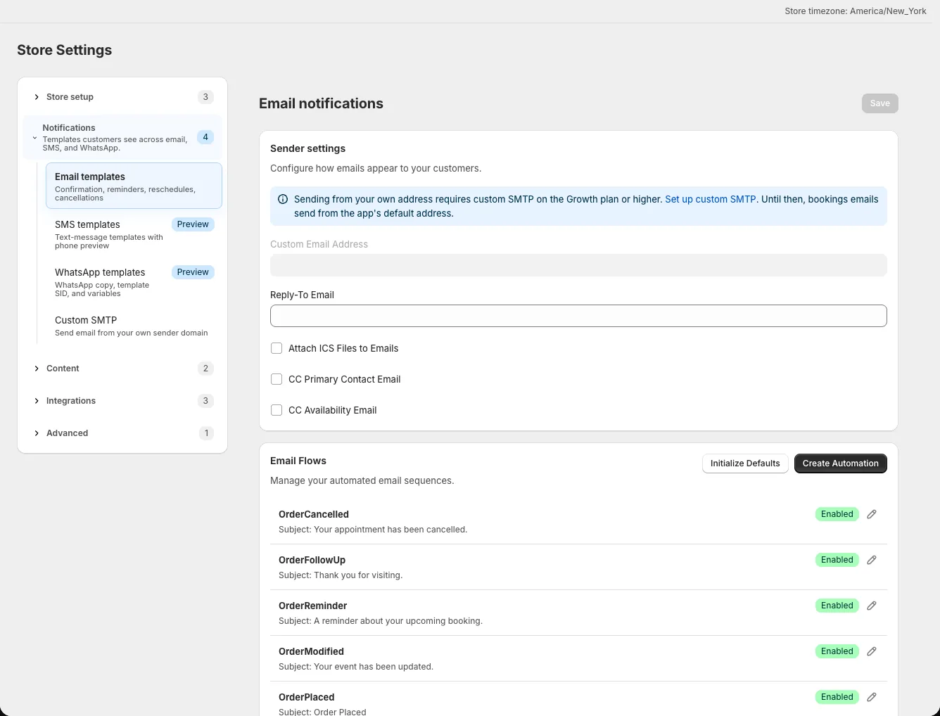 Email templates list showing Initialize Defaults and Create Automation