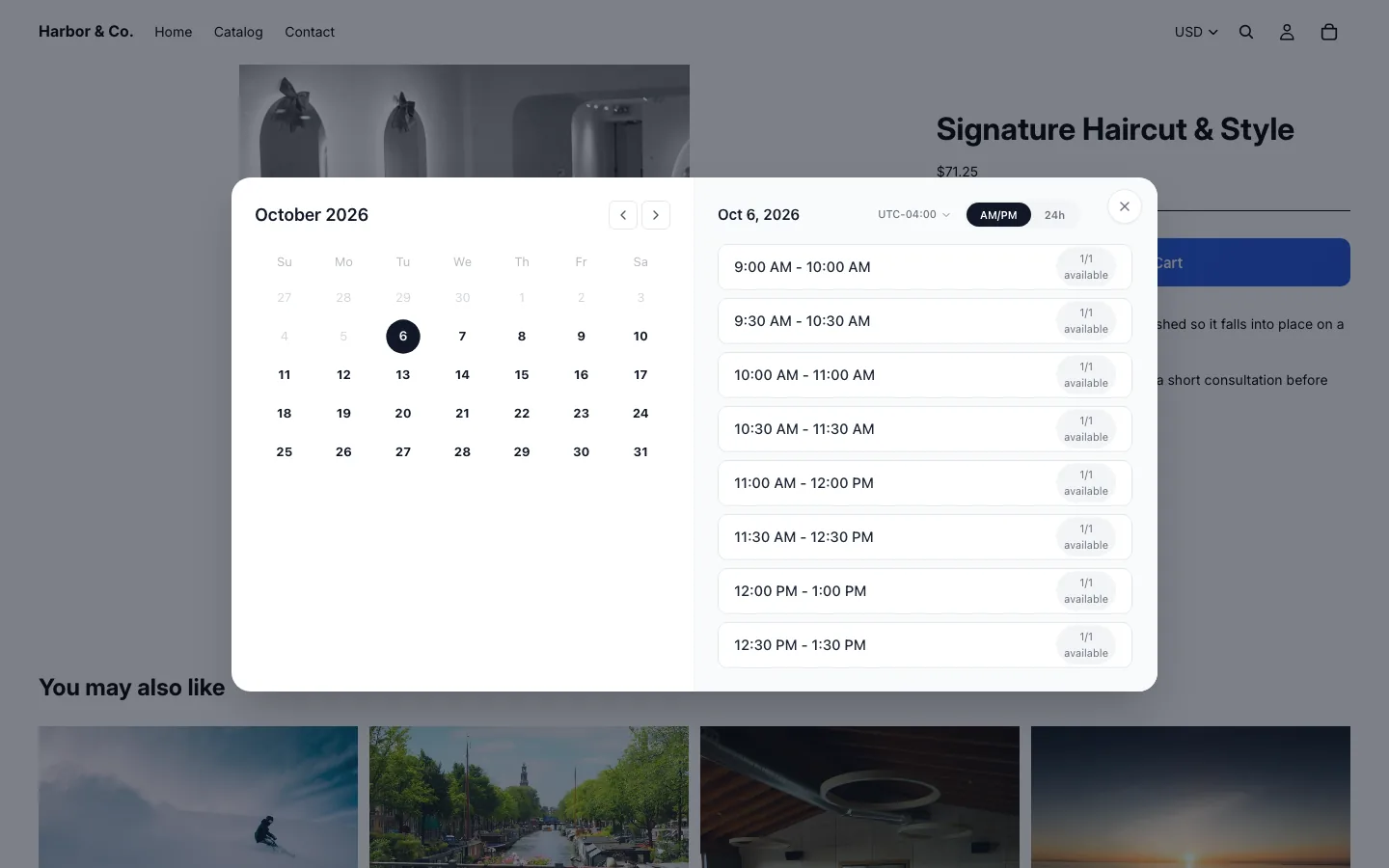 Live product page showing a selectable booking calendar and booking action