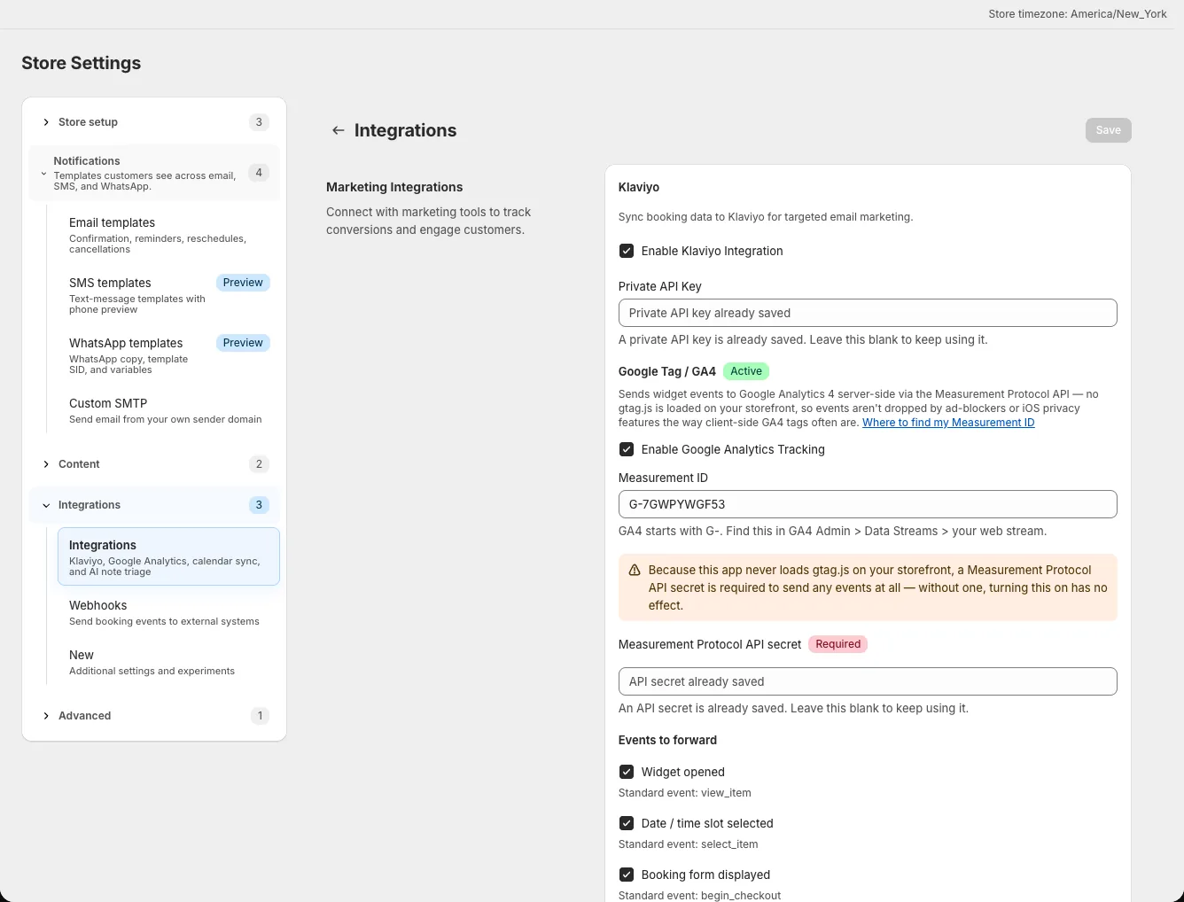 GA4 settings showing the event checkboxes and required API secret