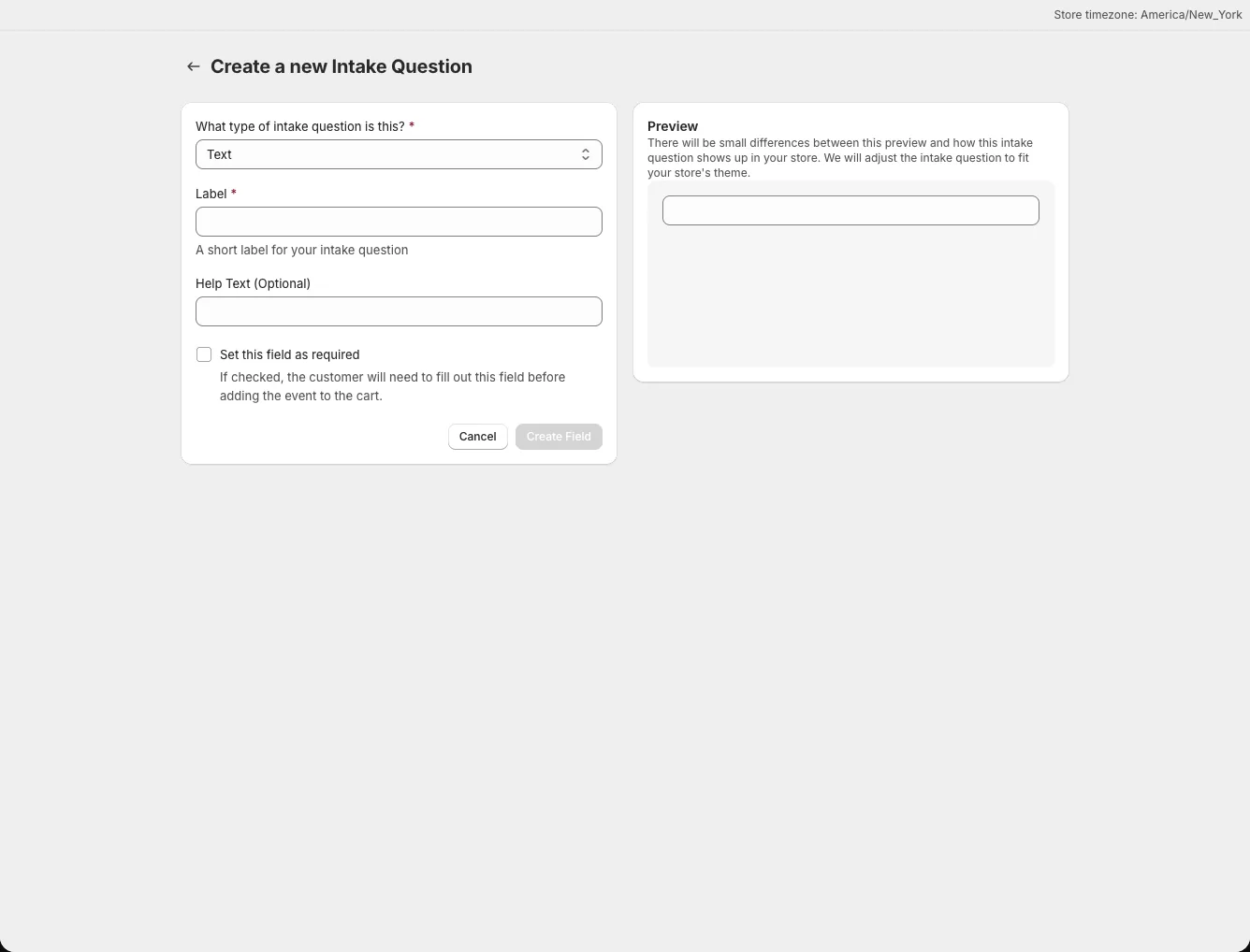 Intake question editor showing field types and the required-field control