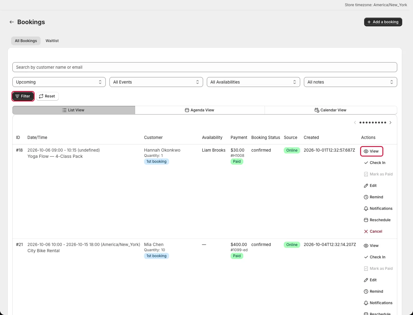 Bookings list with search, filters, and booking actions
