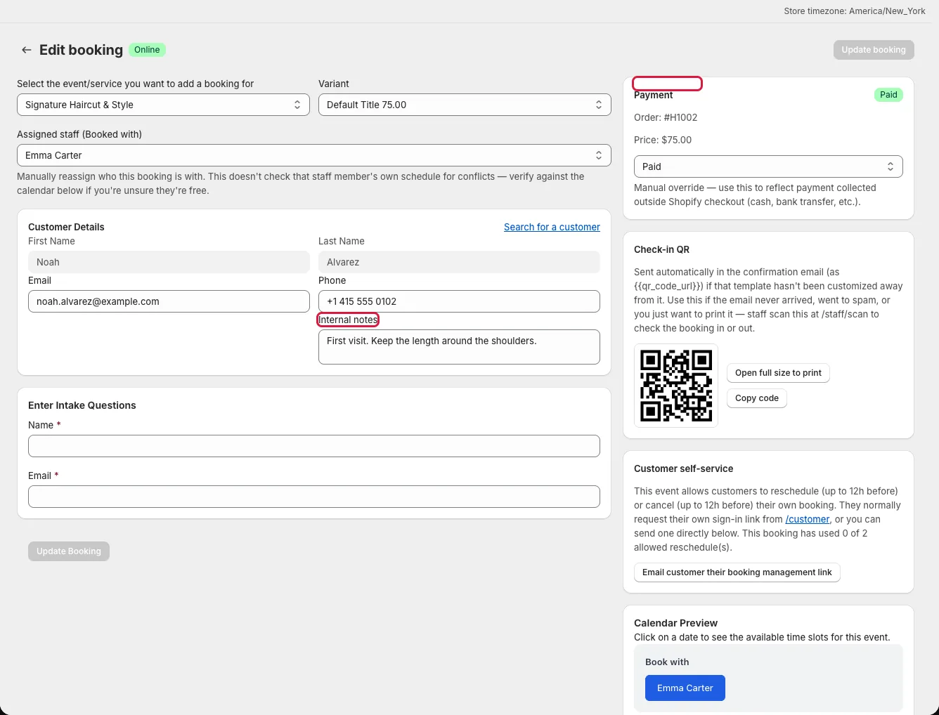 Booking detail page with customer, payment, and notification details