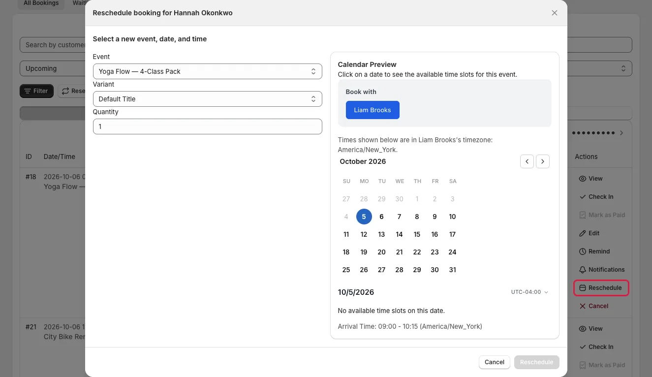 Reschedule dialog showing available dates and times
