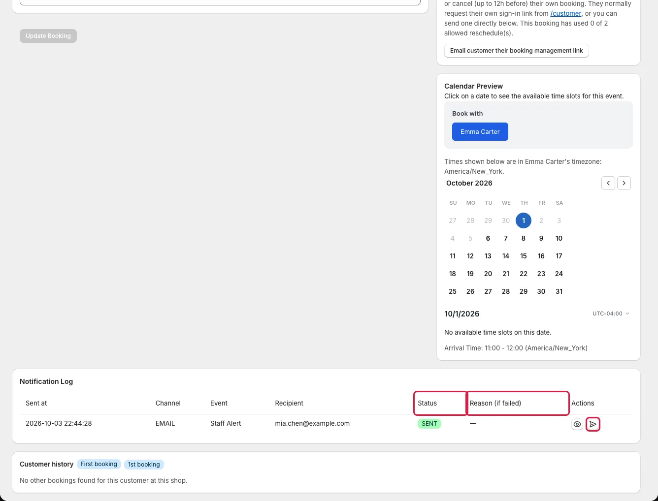 Booking Notification Log showing a failed send and its reason