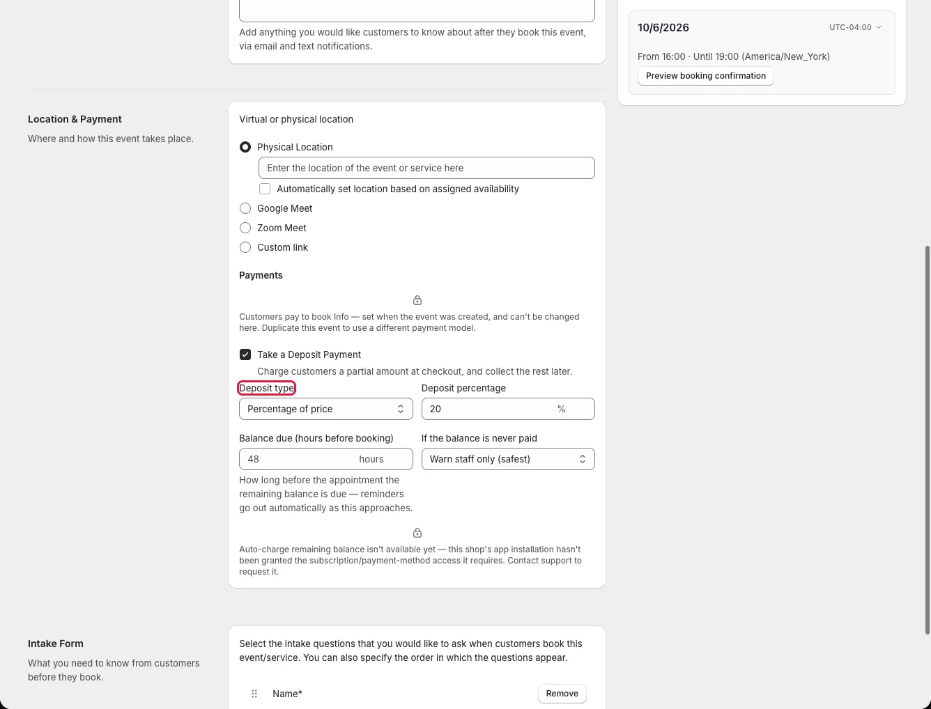 General tab showing Take a Deposit Payment, deposit value, and balance due options
