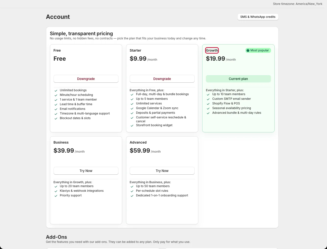 Account pricing cards showing available plans and current plan
