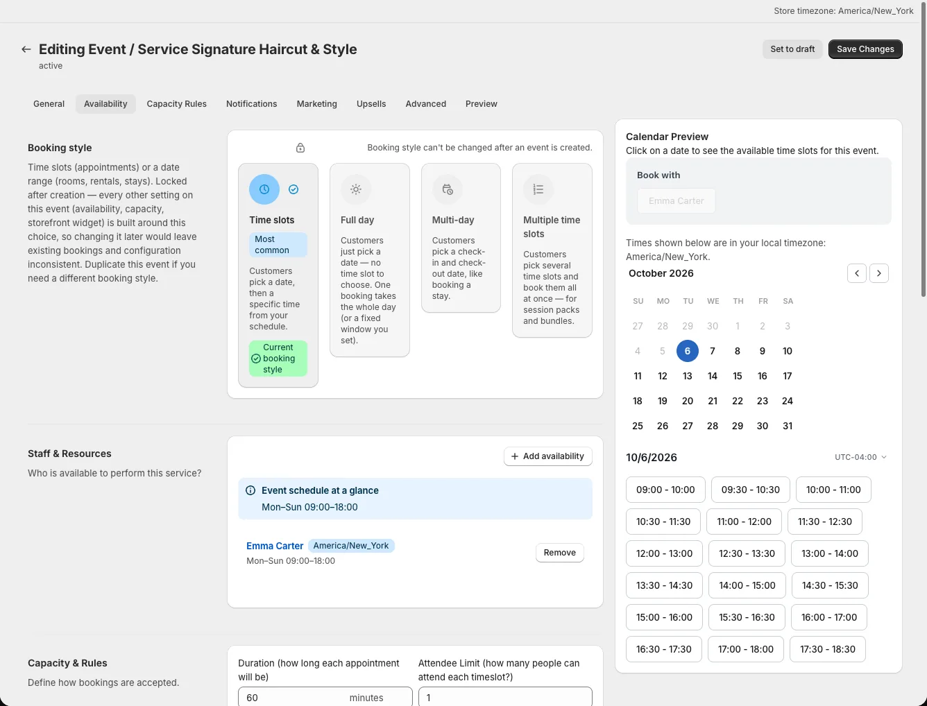 Availability tab showing Capacity &amp; Rules and the per-service and per-teammate options