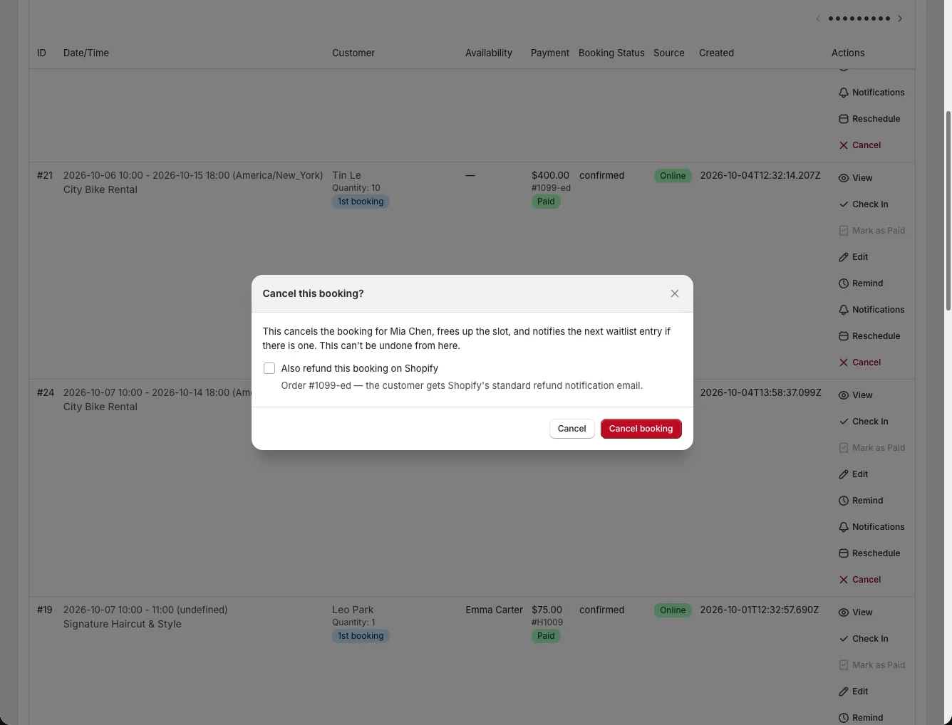 Cancellation dialog showing Also refund this booking on Shopify and refund scope