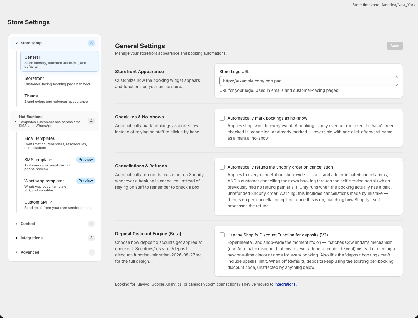 General settings showing automatic refund on cancellation and refund scope