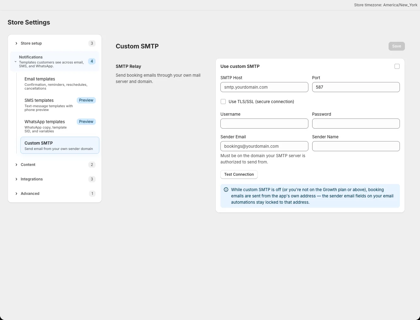 Custom SMTP settings with host, secure connection, and sender fields