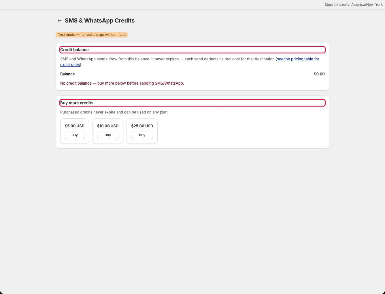 SMS and WhatsApp credits page with balance, packages, and purchase history