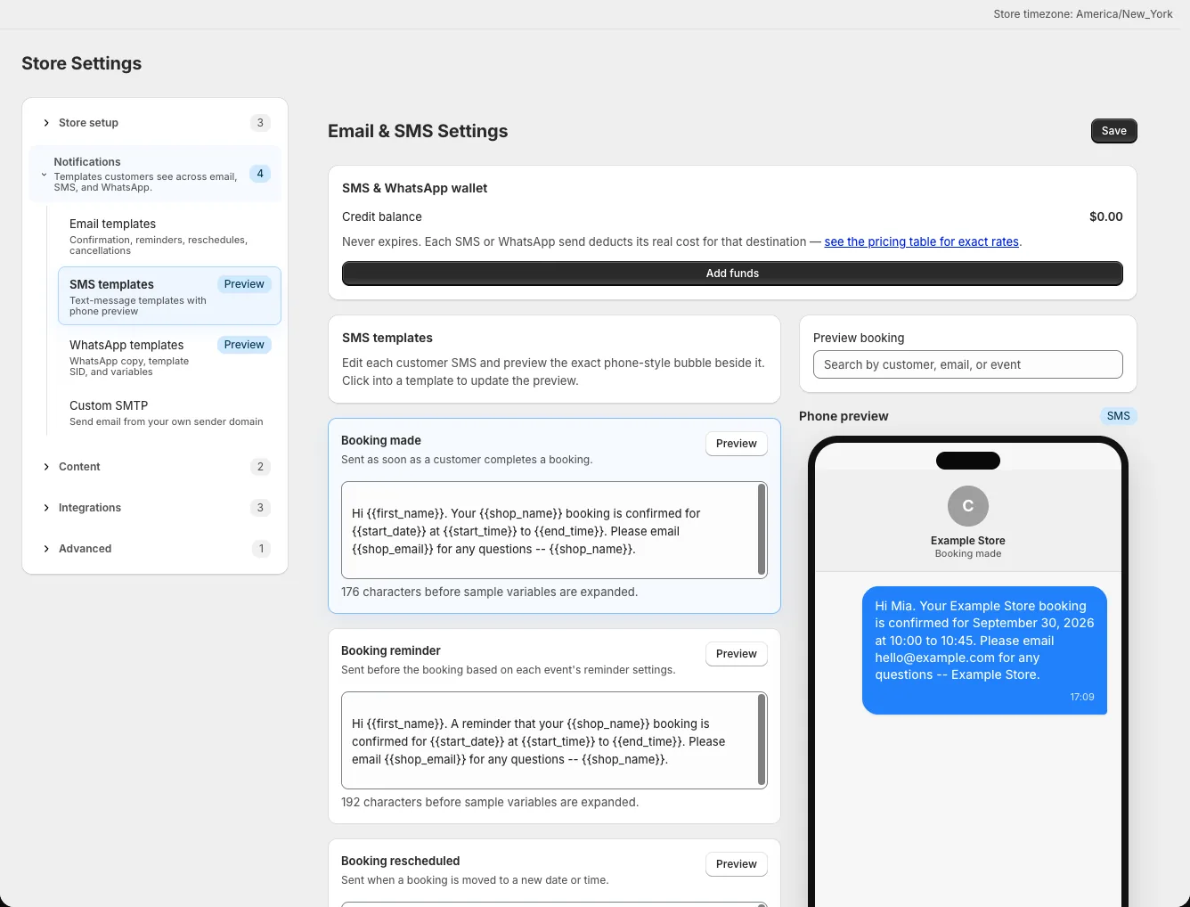 SMS template editor beside the phone-style preview