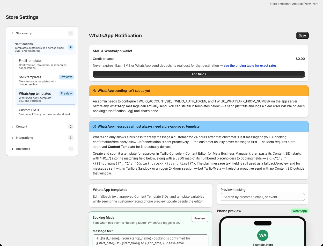 WhatsApp editor showing Content Template SID and variable mappings
