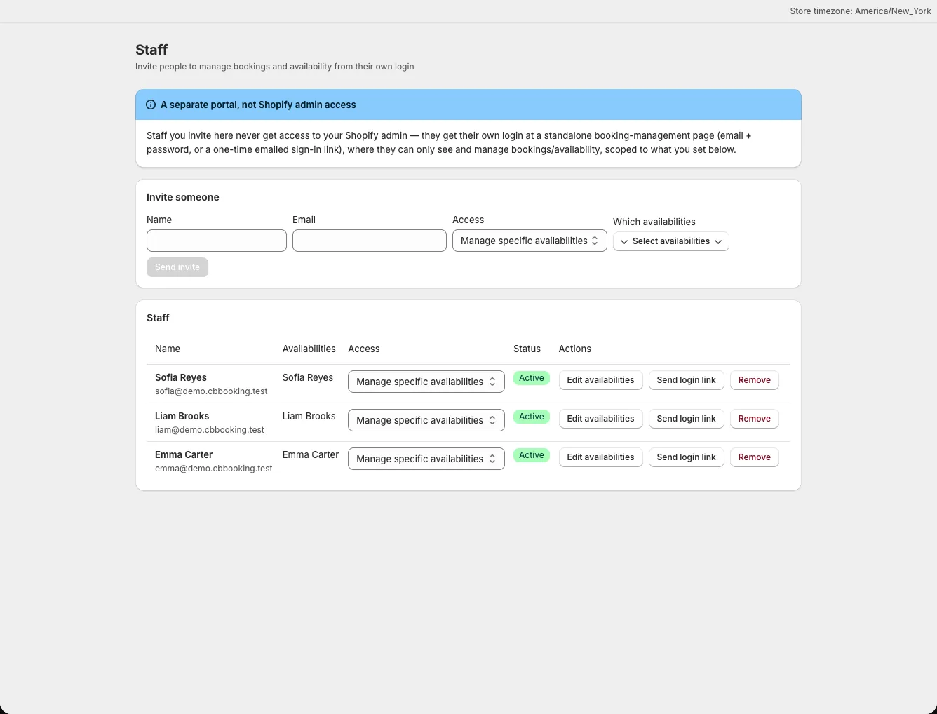 Staff invitation form showing Access and Which availabilities