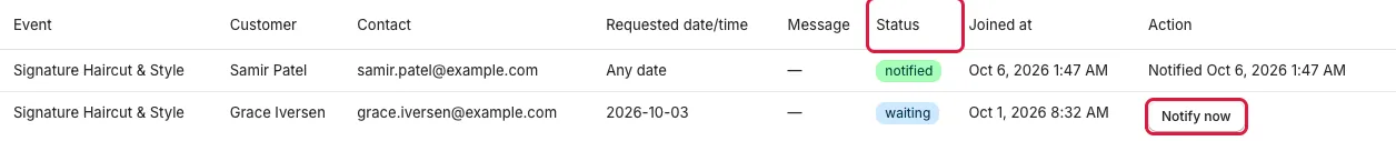 Bookings Waitlist tab showing waiting and notified entries