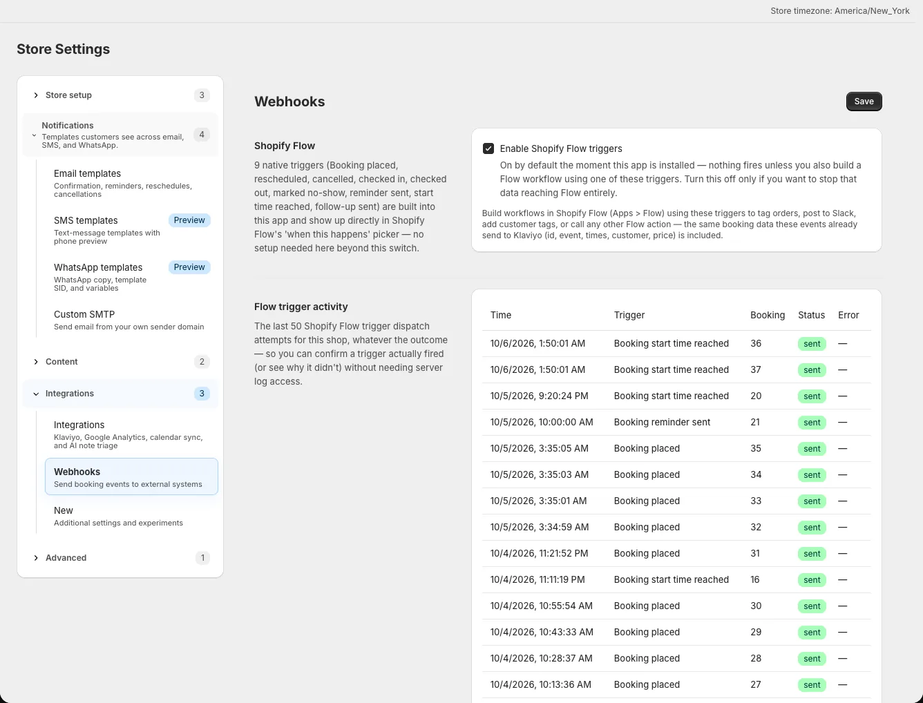 Outgoing webhook endpoint with URL, events, signing secret, and Active toggle
