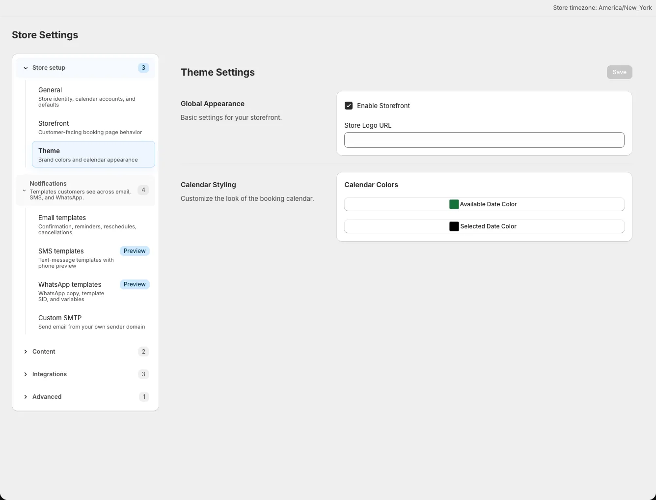 Theme Settings showing available and selected date color controls