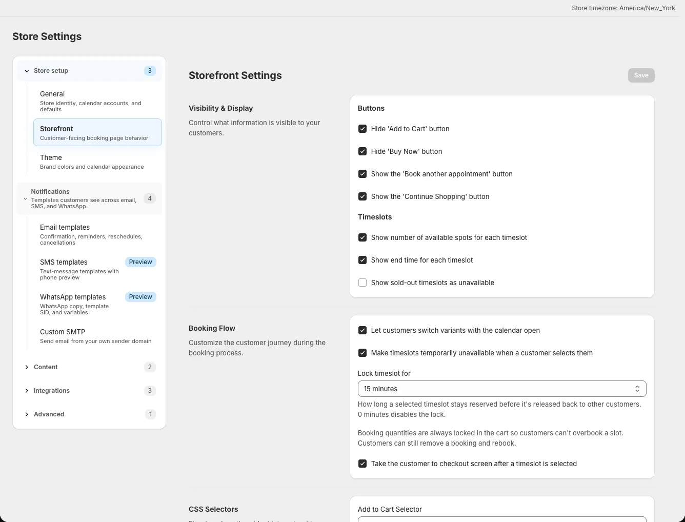 Storefront Settings showing button and slot display options