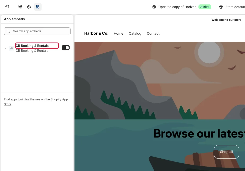 Shopify theme editor showing the booking app embed enabled