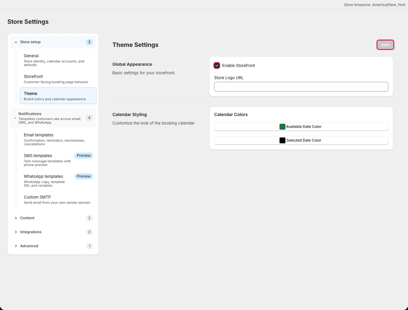 Theme Settings page with Enable Storefront turned on