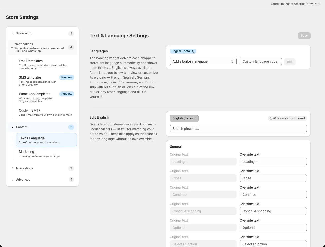 Text &amp; Language page showing language tabs and phrase search