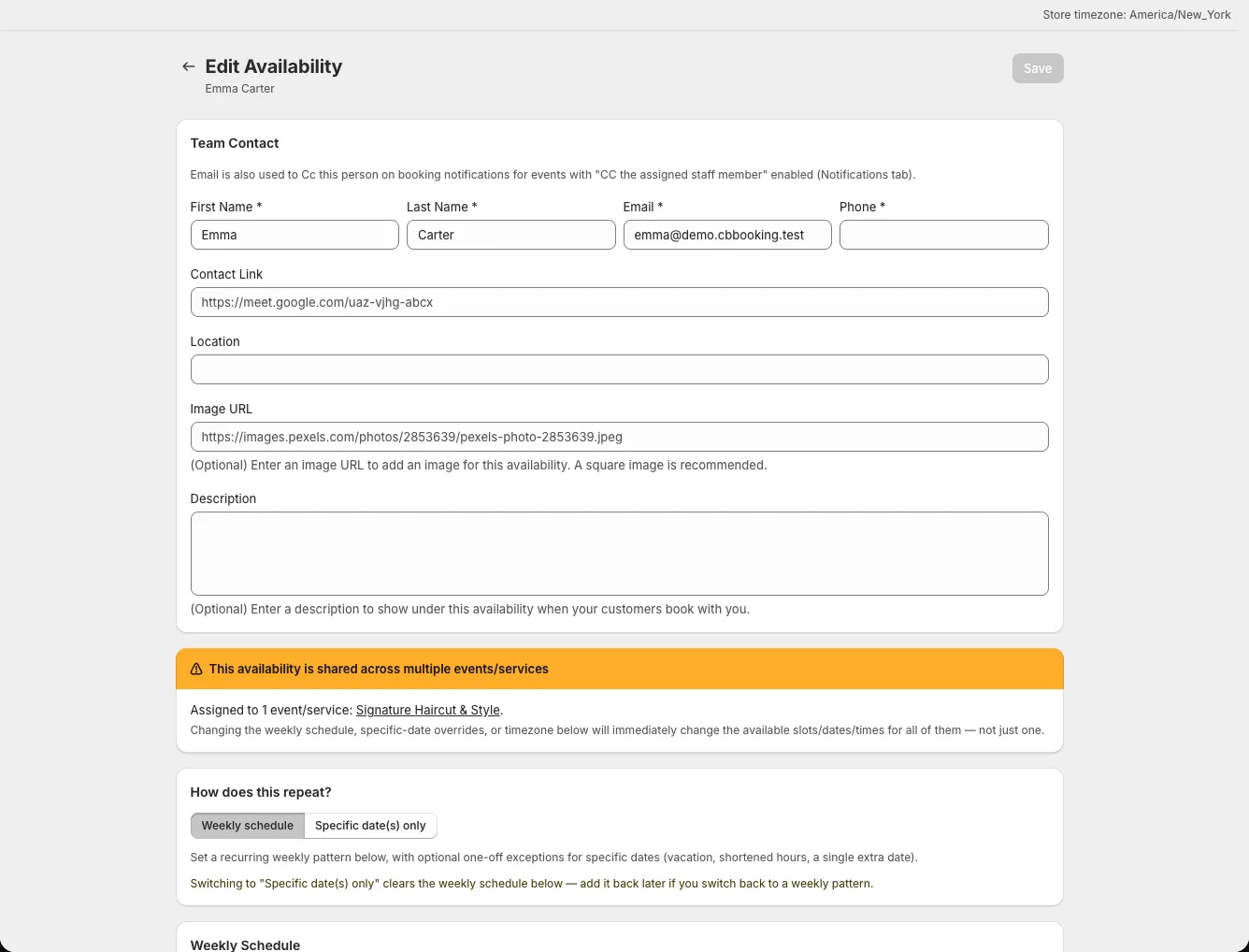 Availability form showing View in Timezone next to weekly hours