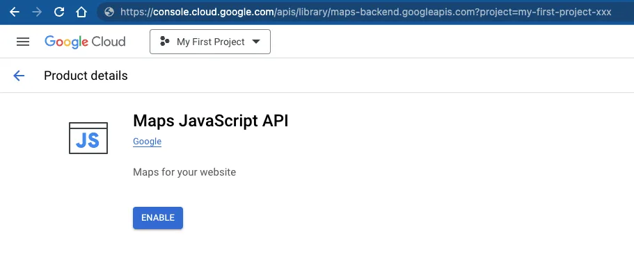 Maps JavaScript API product page with the Enable button