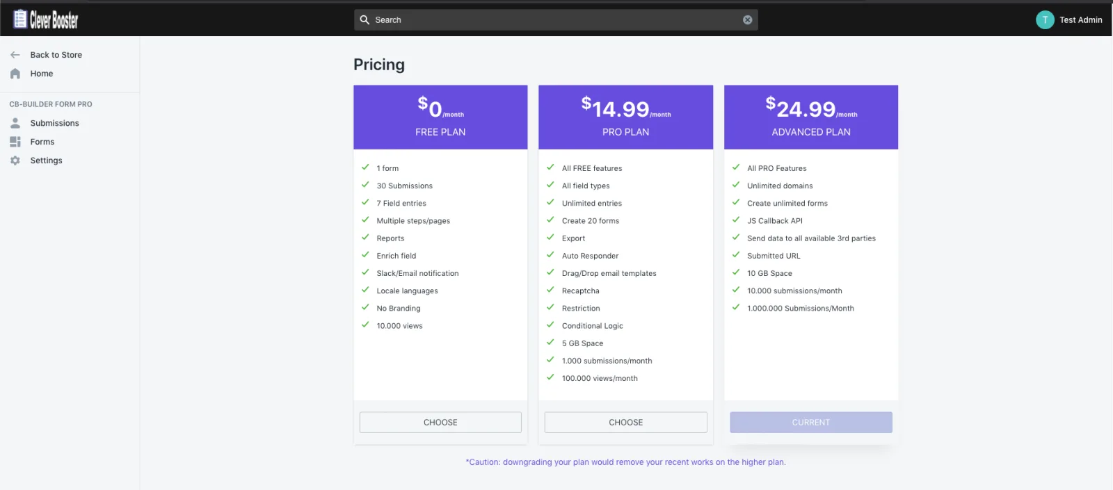 Form Builder Pro pricing page comparing the Free, Pro and Advanced plans
