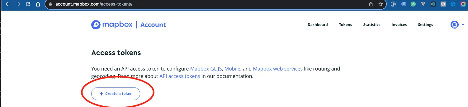 Mapbox Access tokens page with the Create a token button highlighted