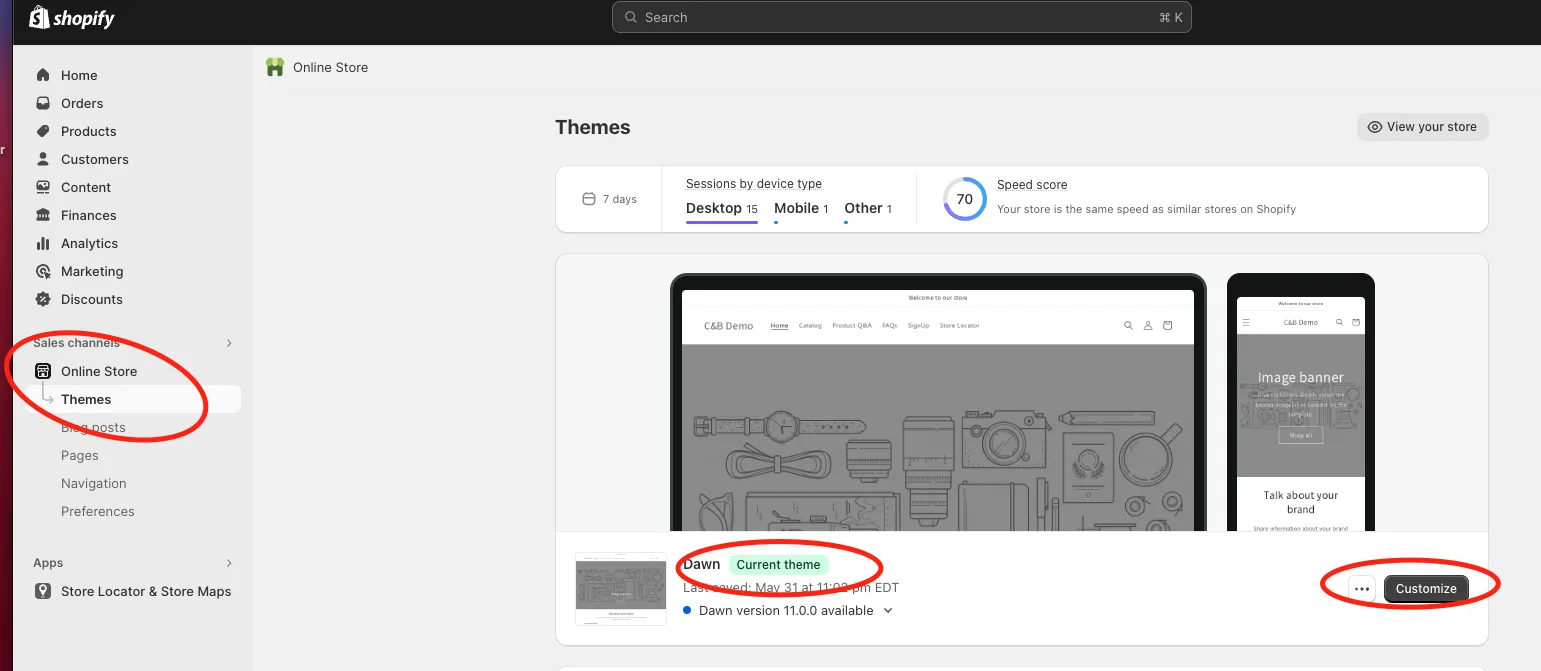 Shopify admin Themes page with Online Store and the Customize button highlighted