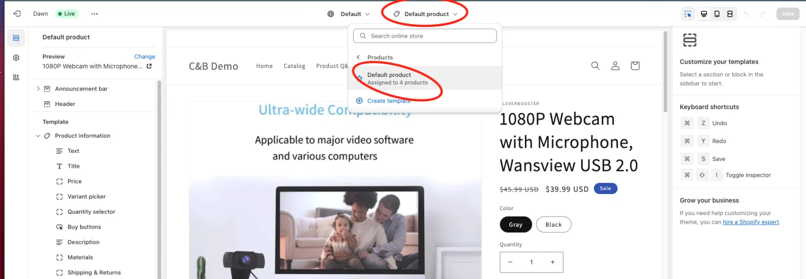 Theme editor page selector with the default product template highlighted