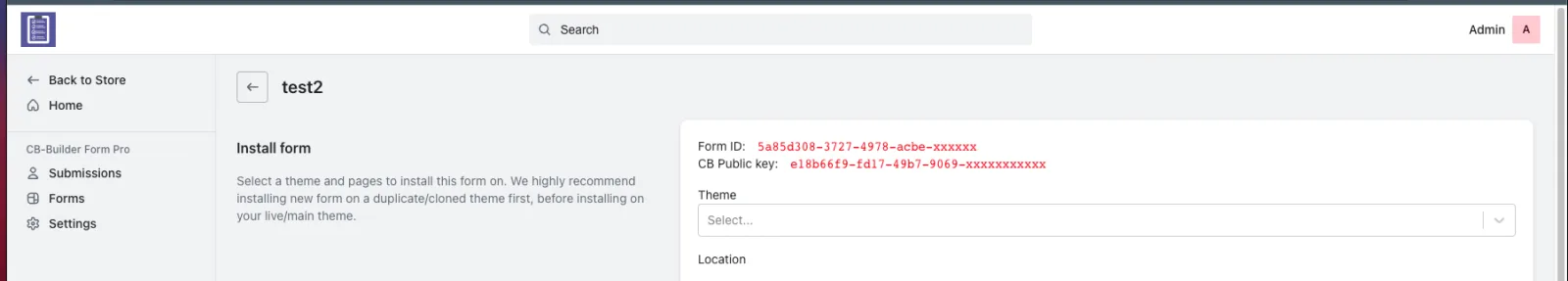 Form Builder Pro installation page showing the Form ID and CB public key