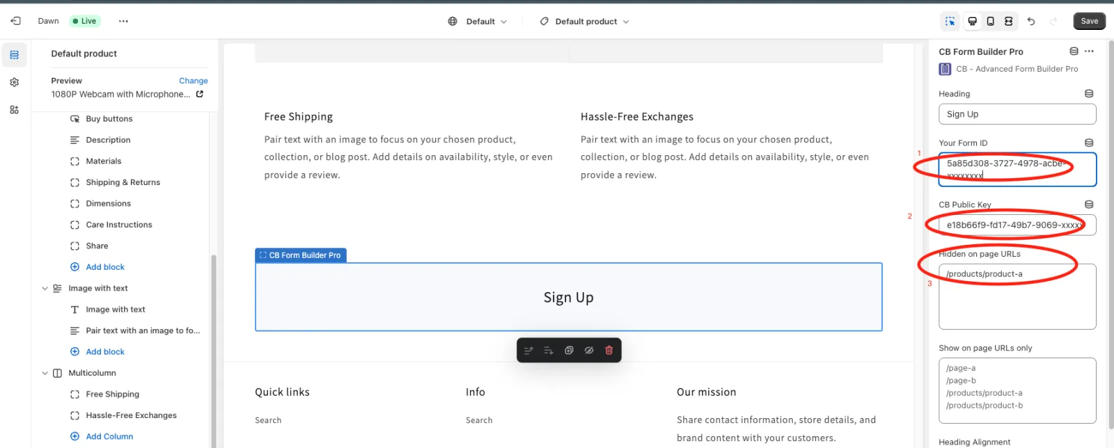 App section settings with the Form ID, public key and Show on page URLs only fields highlighted