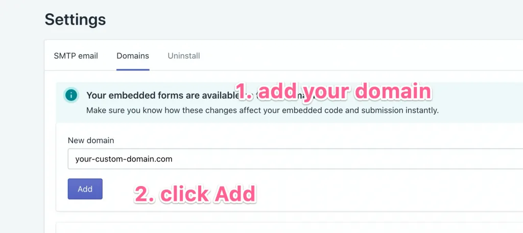 Form Builder Pro Settings, Domains tab, with a custom domain entered and the Add button